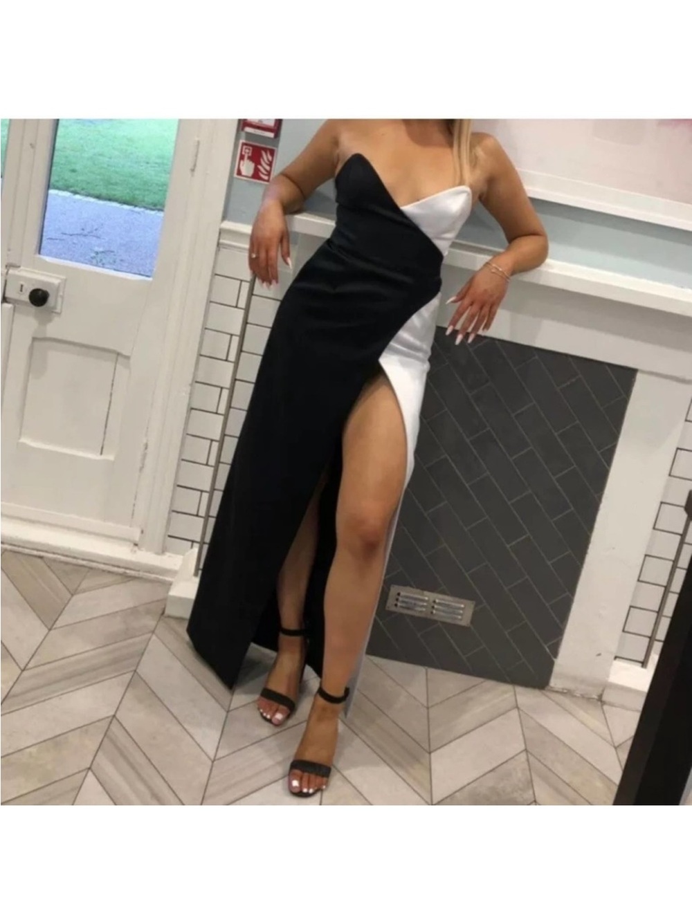 House of CB Black and White Strapless High-Slit Gown